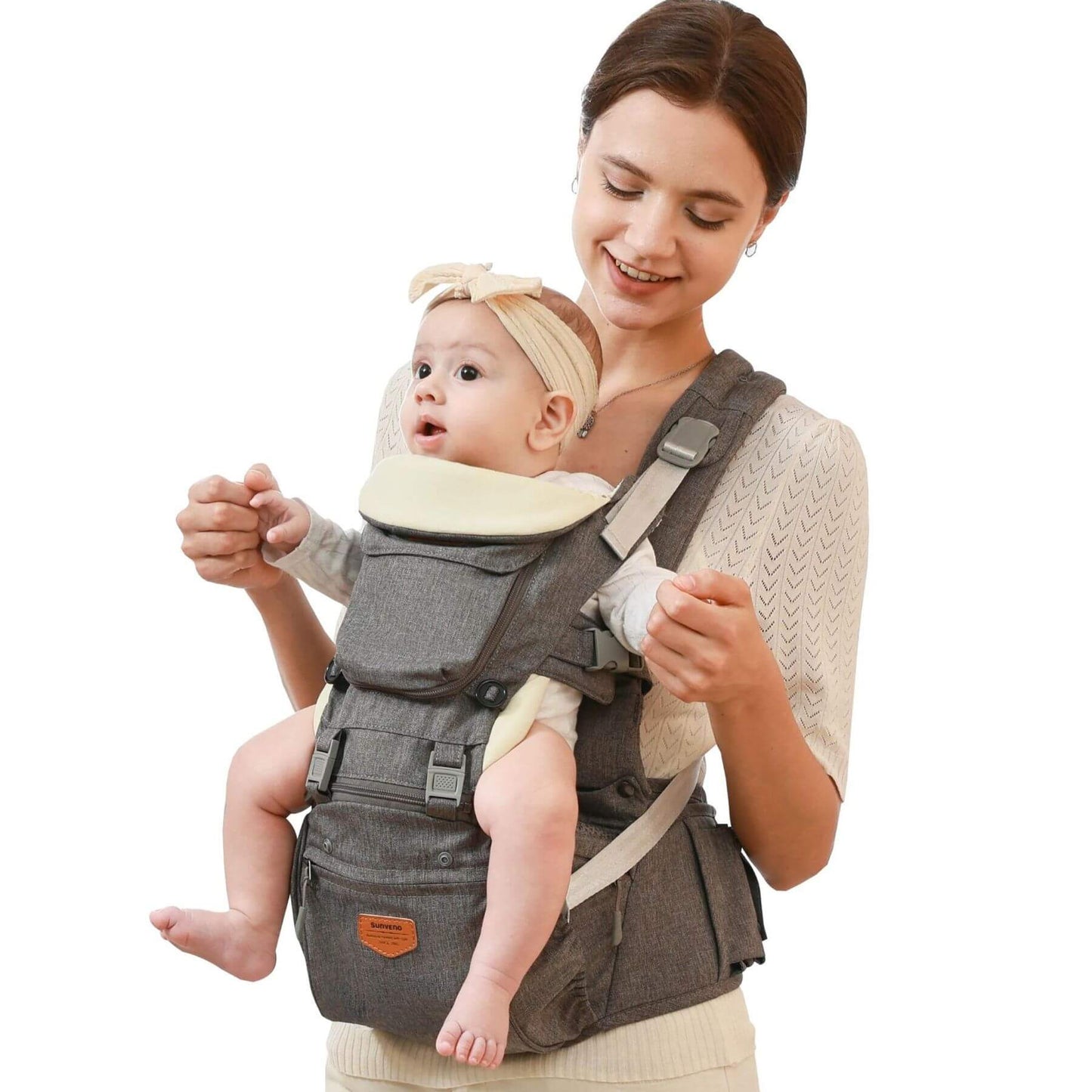 Mom carrying a baby with Sunveno Ergonomic Baby Carrier 3-in-1 Grey