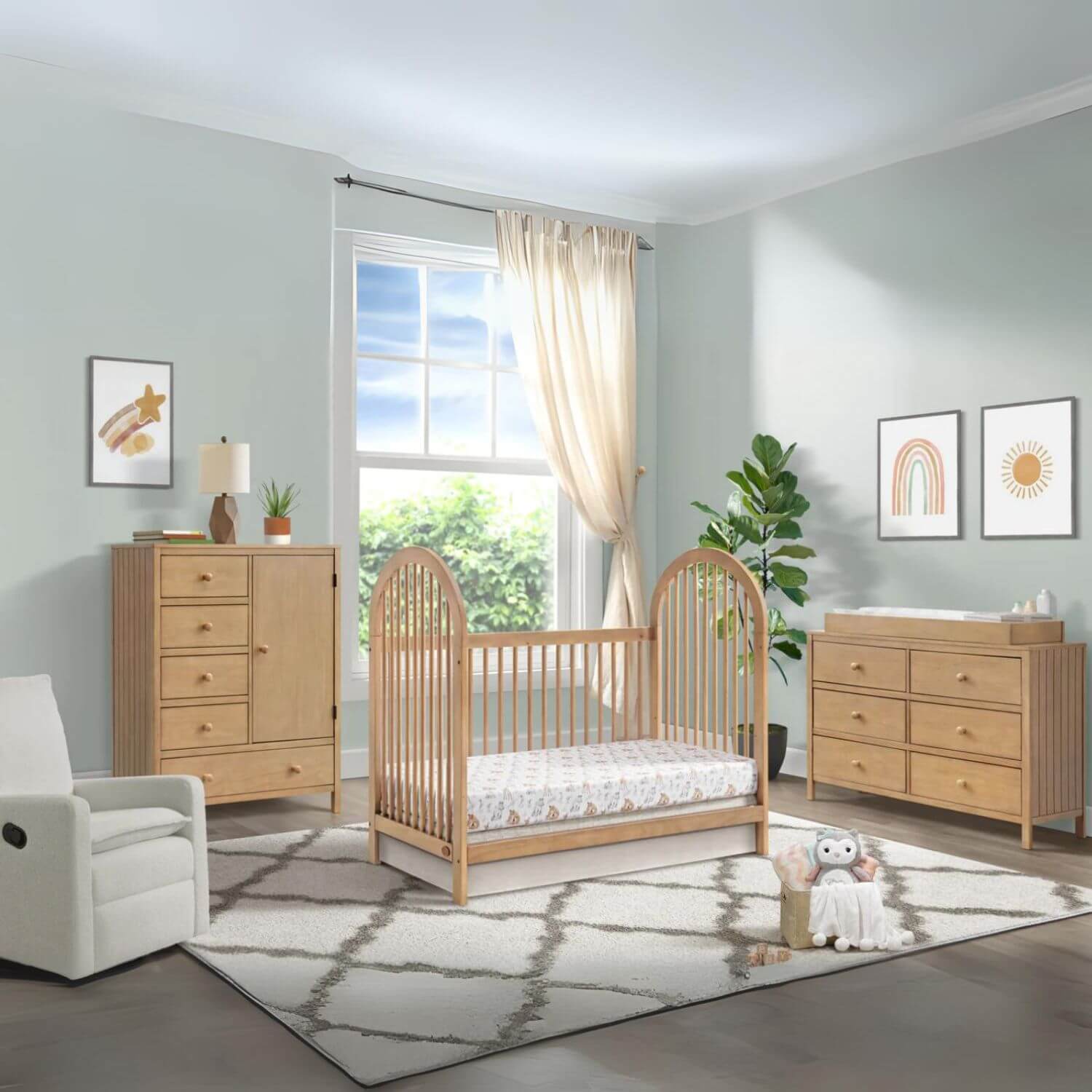 Soho Baby Everlee 3-in-1 Convertible Island Crib in Honey Wood - Lifestyle