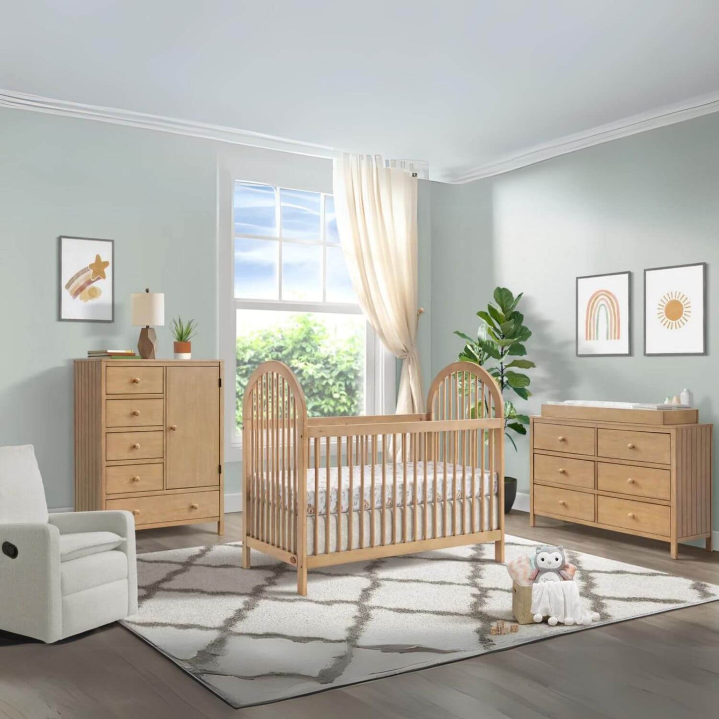 Soho Baby Everlee 3-in-1 Convertible Island Crib in Honey Wood - Lifestyle