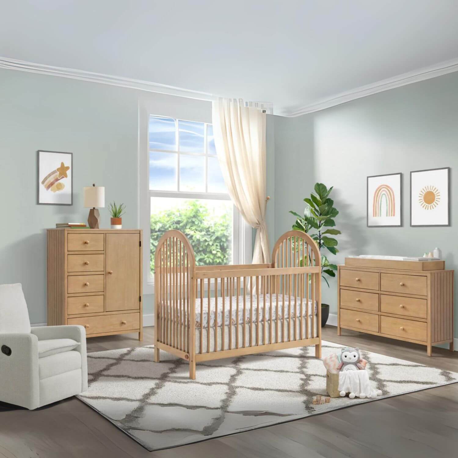 Soho Baby Everlee 3-in-1 Convertible Island Crib in Honey Wood - Lifestyle