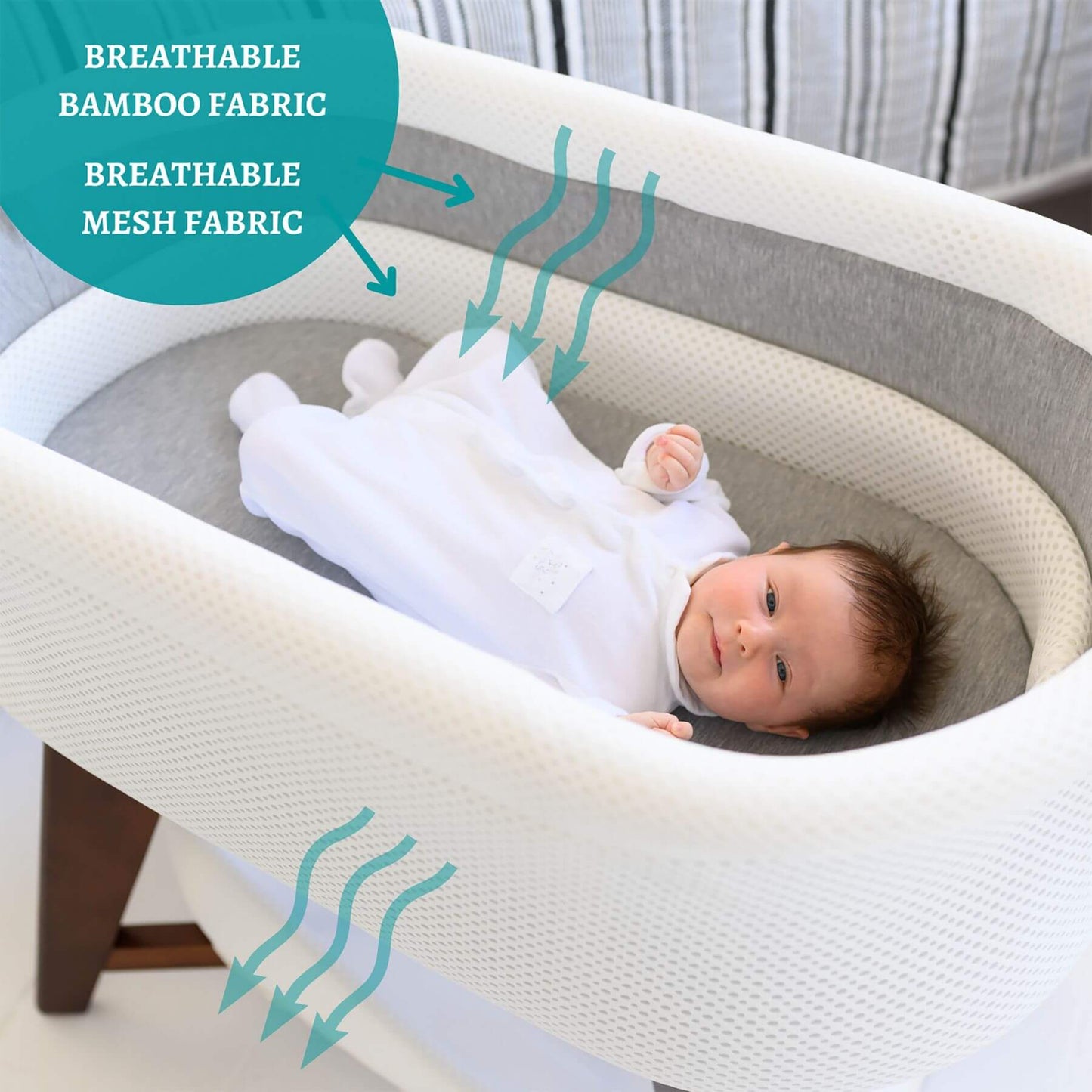Baby Sleeping in TruBliss Evi Smart Bassinet White