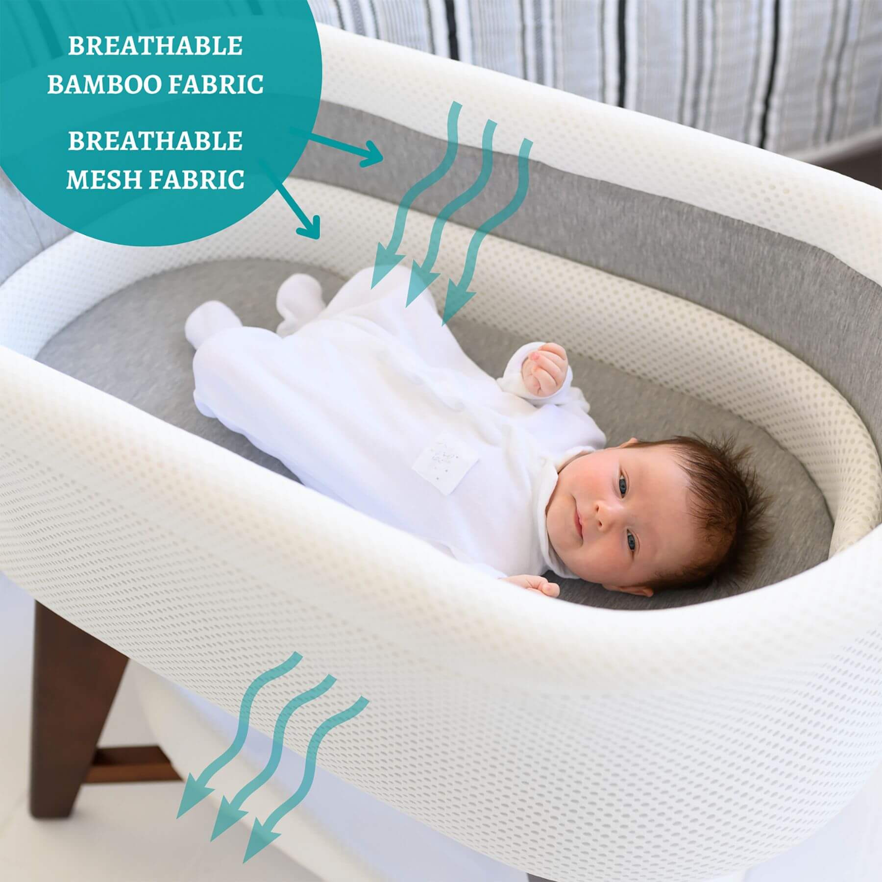 Baby Sleeping in TruBliss Evi Smart Bassinet White
