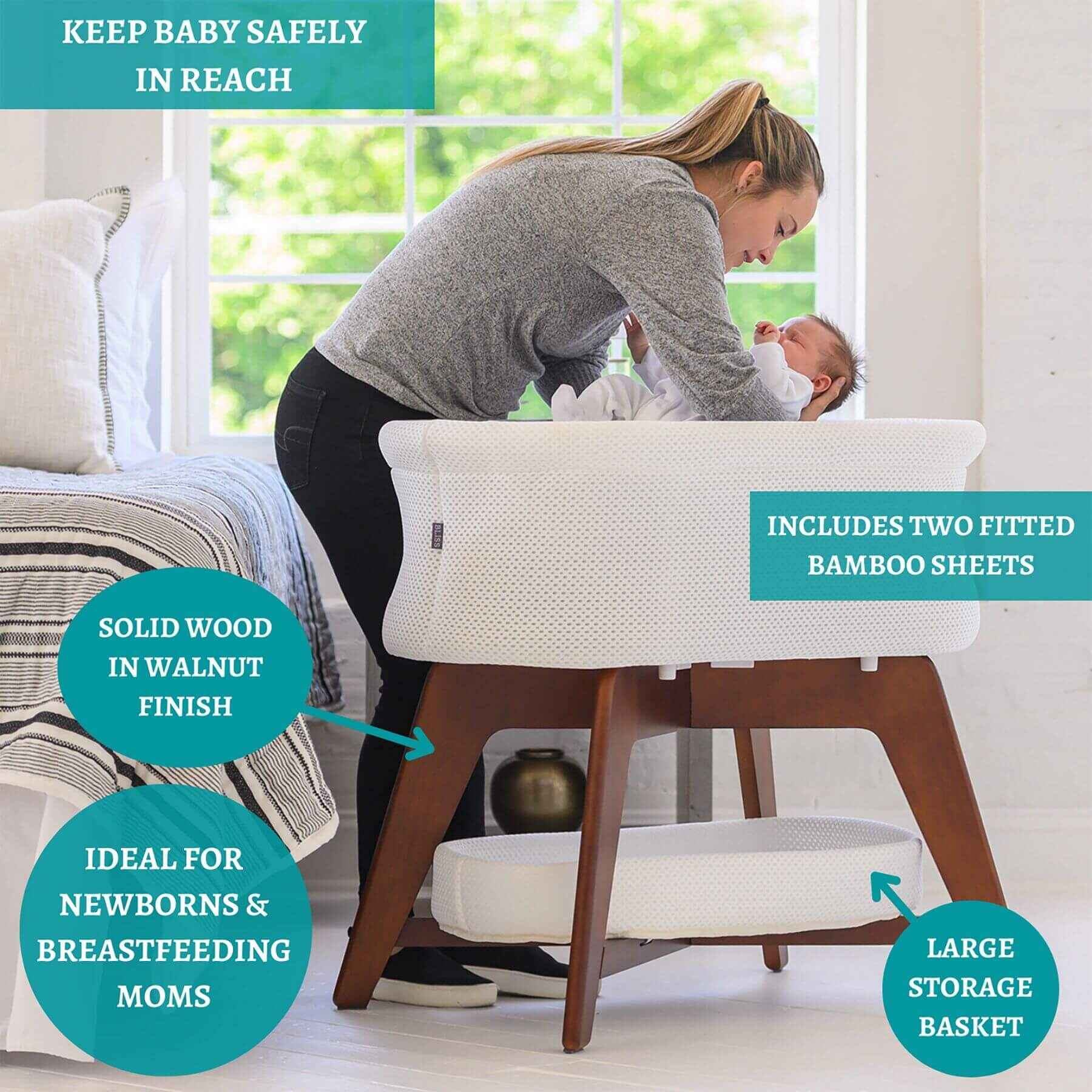 Mom Putting Baby in TruBliss Evi Smart Bassinet White