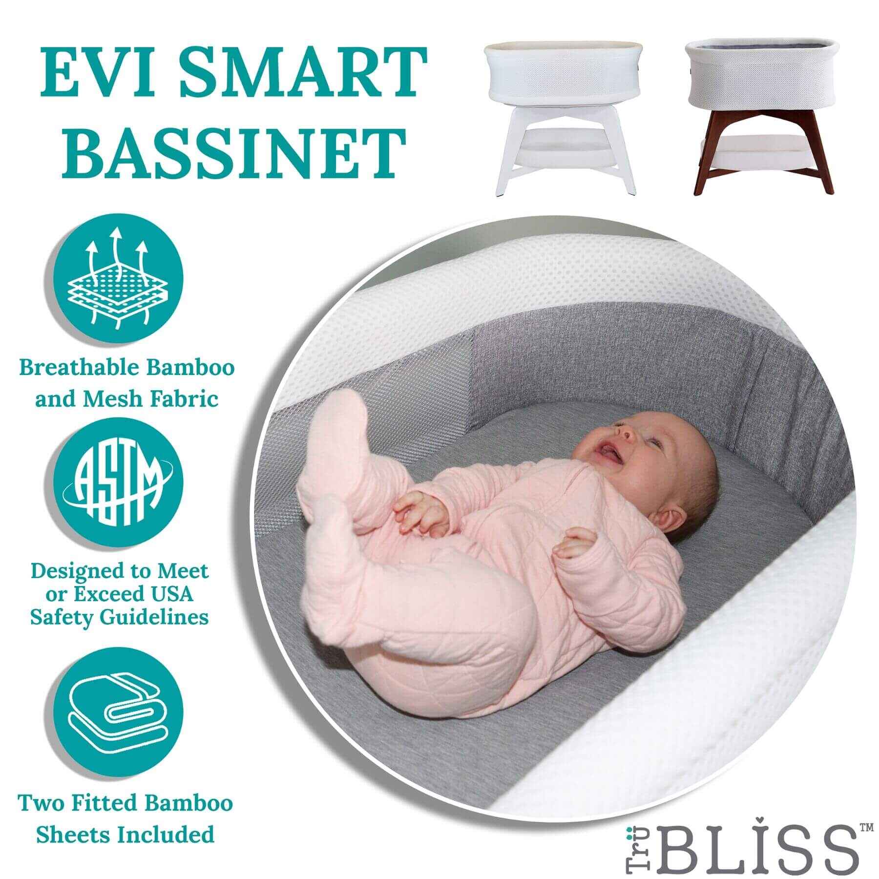 Baby Sleeping in TruBliss Evi Smart Bassinet - White on White
