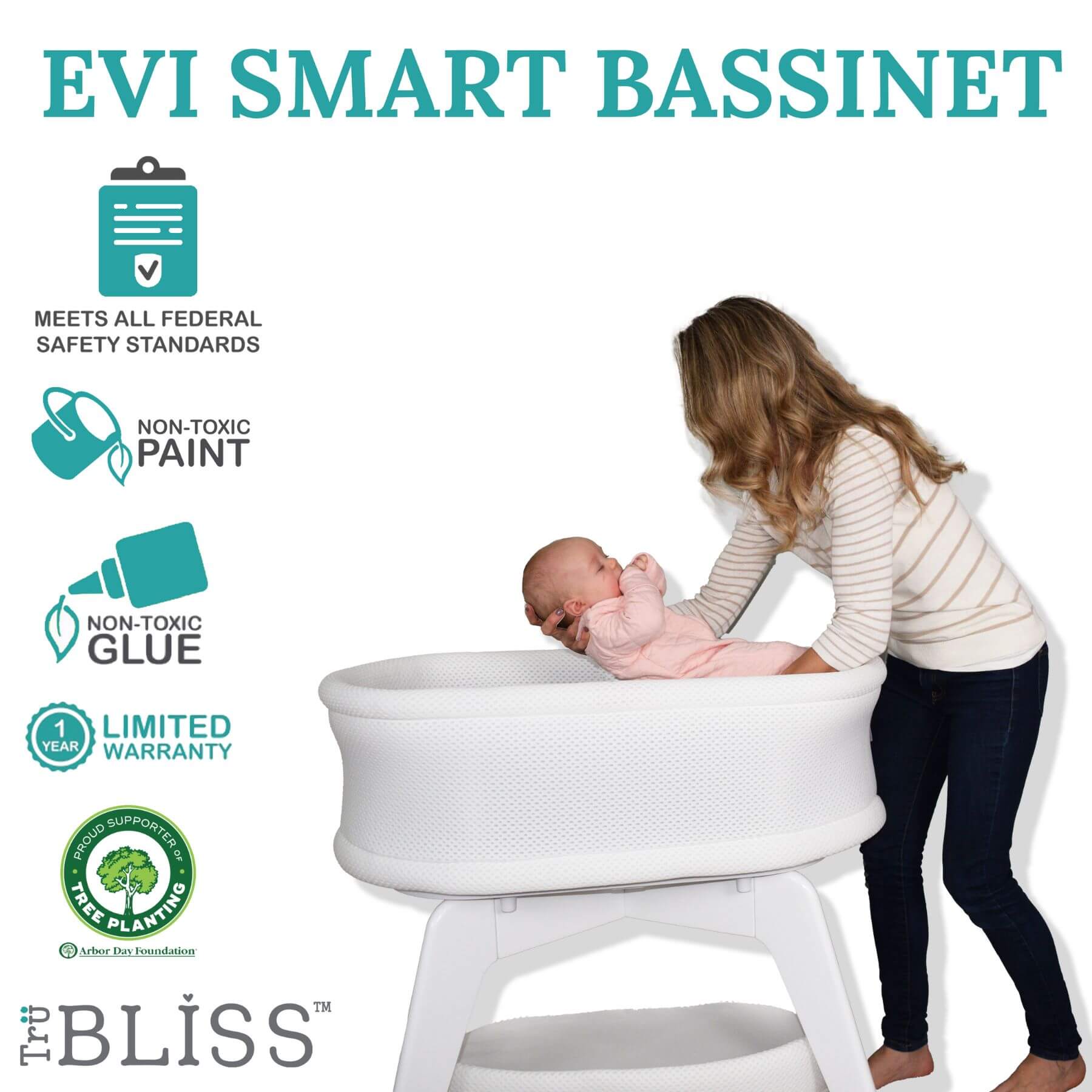 Baby Putting Baby in TruBliss Evi Smart Bassinet - White on White