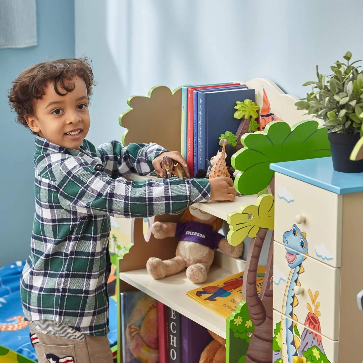 Boy Using Fantasy Fields Dinosaur Kingdom Bookshelf