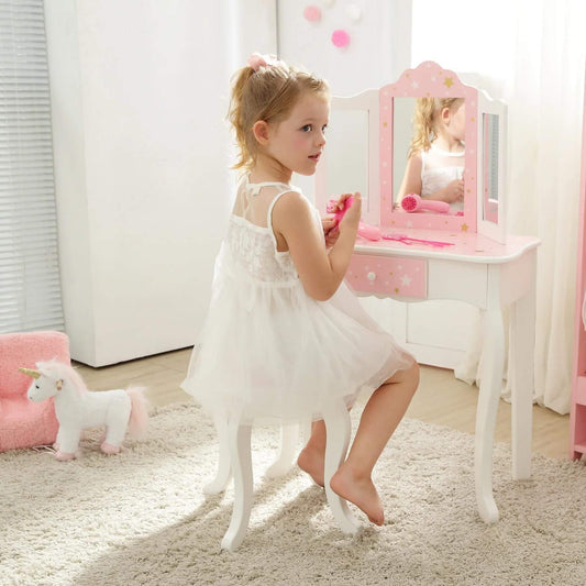 Girl Sitting at Fantasy Fields Gisele Play Vanity Set with Mirrors