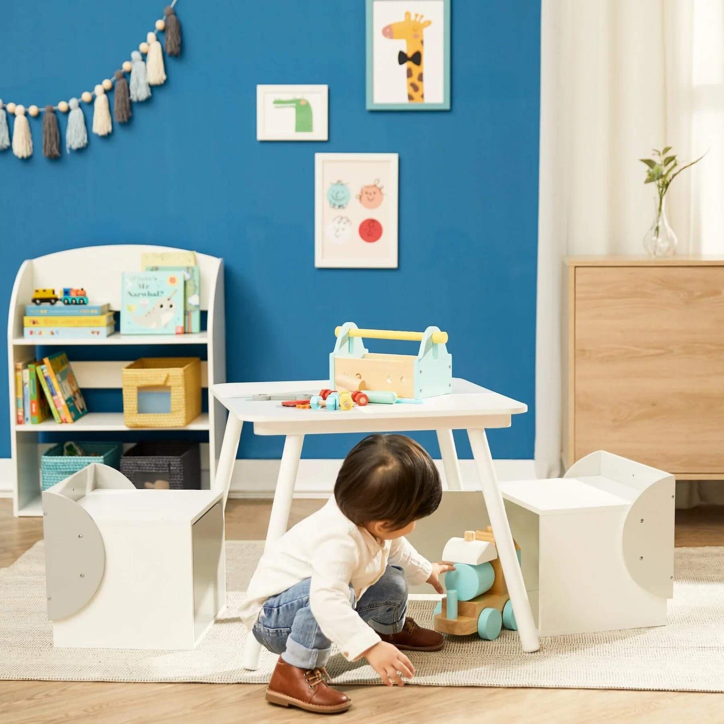 Kid Playing at Fantasy Fields Kids Biscay Bricks Table & Two Chair Cubes