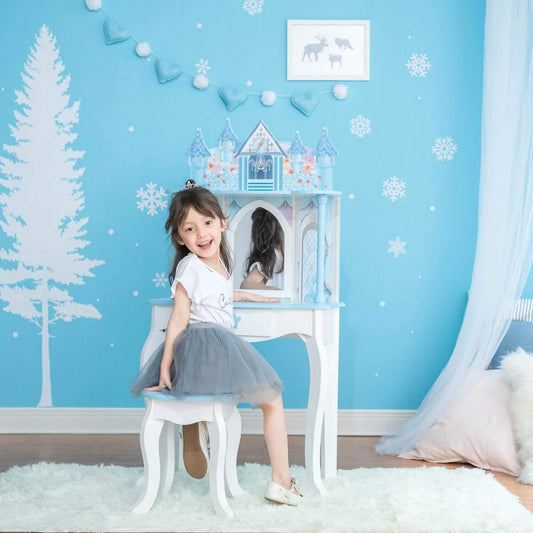 Girl Sitting at Fantasy Fields Kids Dreamland Castle Vanity Set Blue