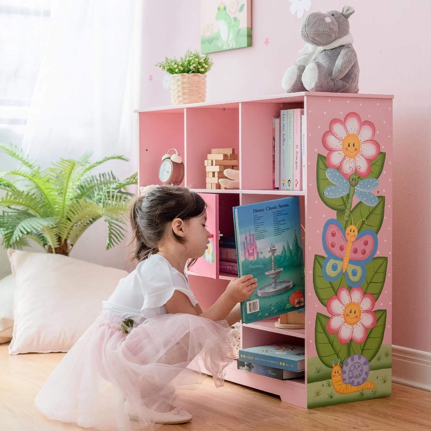 Girl Using Fantasy Fields Kids Painted Wooden Magic Garden Adjustable Cube Bookshelf