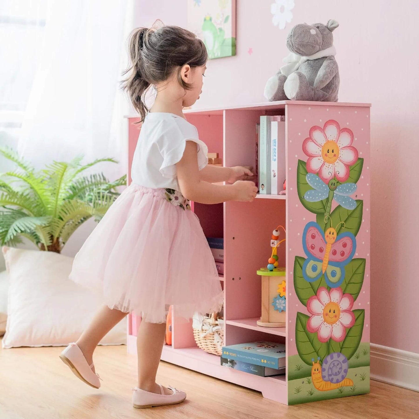 Girl Using Fantasy Fields Kids Painted Wooden Magic Garden Adjustable Cube Bookshelf