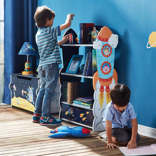 Boys Playing Around Fantasy Fields Kids Wooden Outer Space Bookshelf