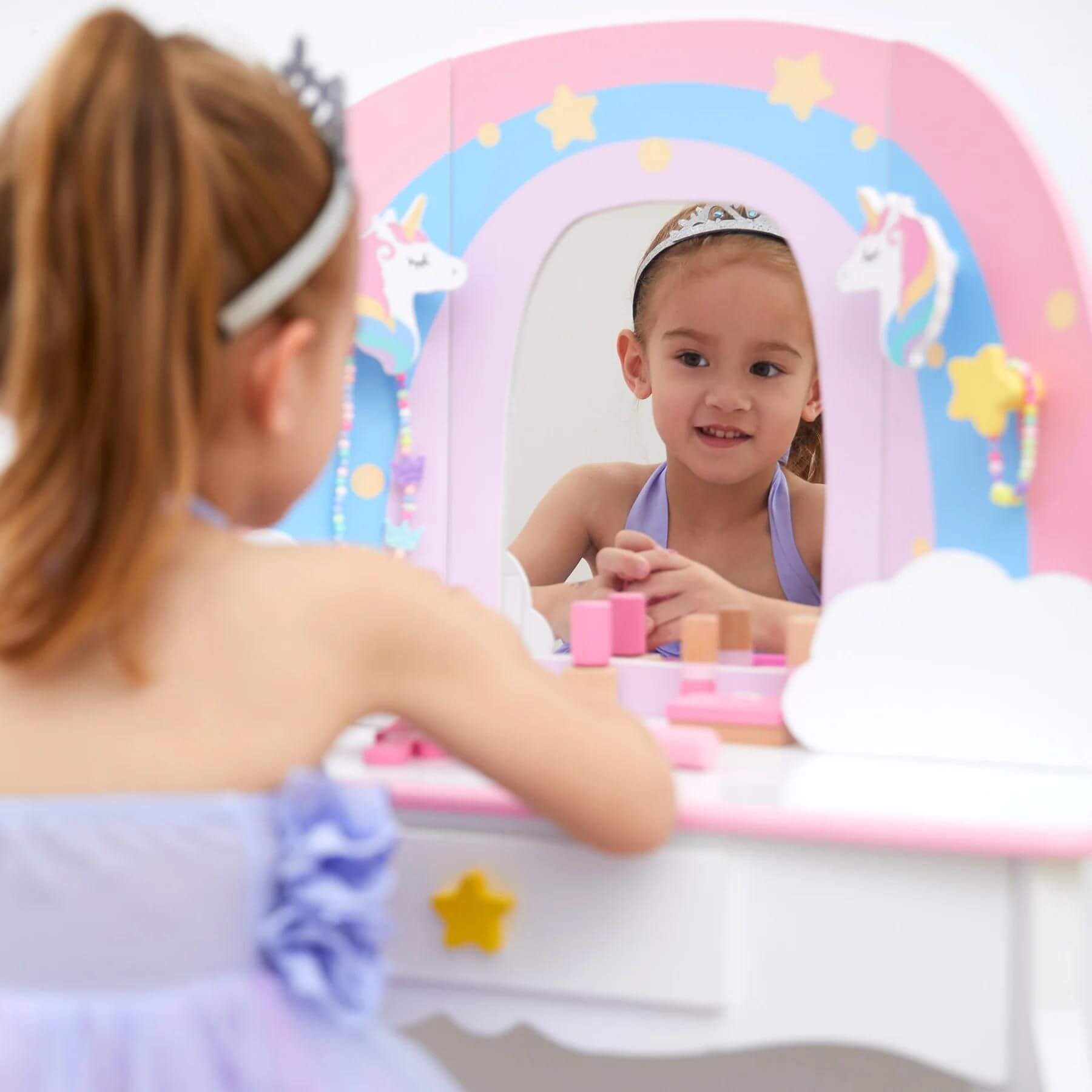 Girl Playing at Fantasy Fields Little Dreamer Rainbow Unicorn Vanity Table