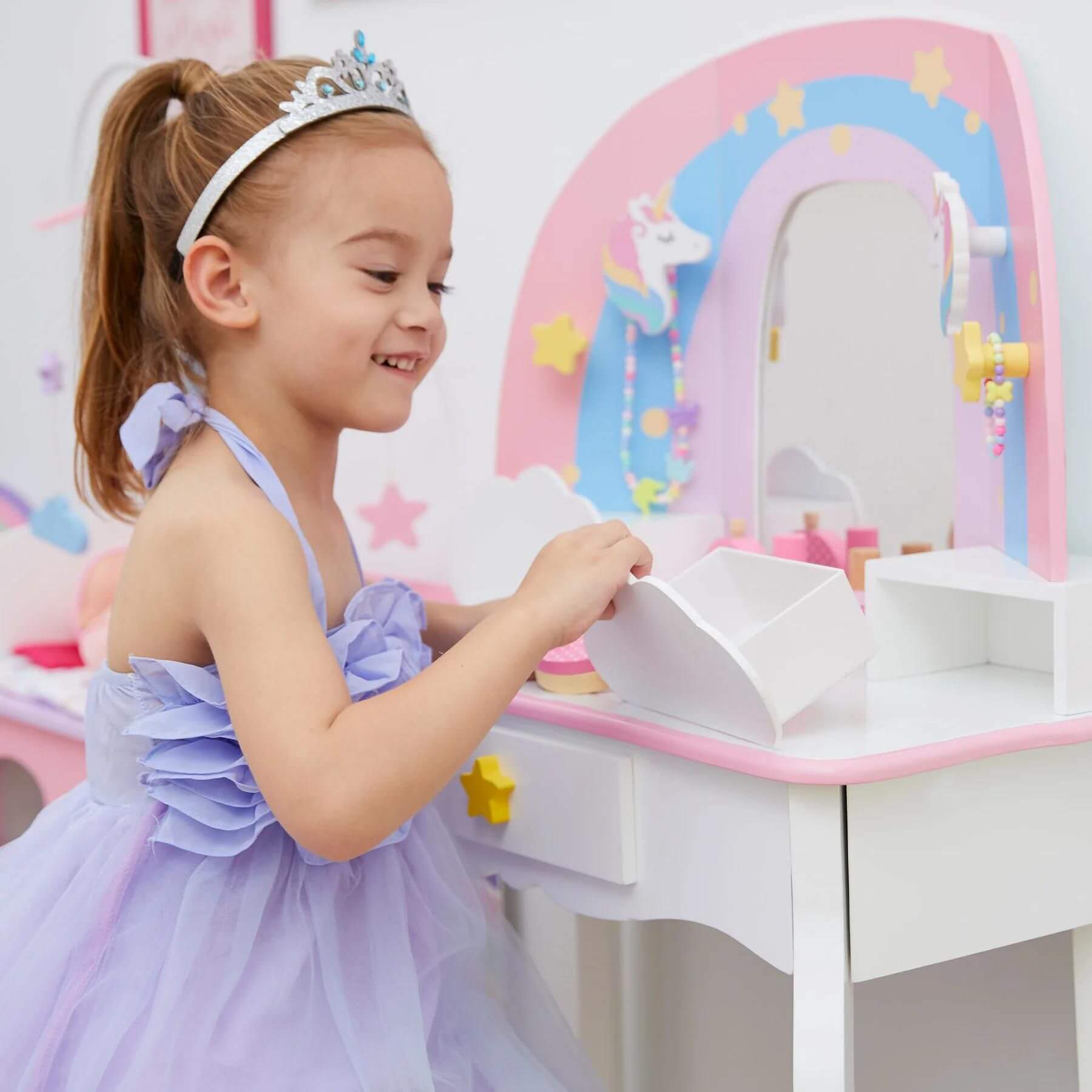 Girl Using Fantasy Fields Little Dreamer Rainbow Unicorn Vanity Table Set