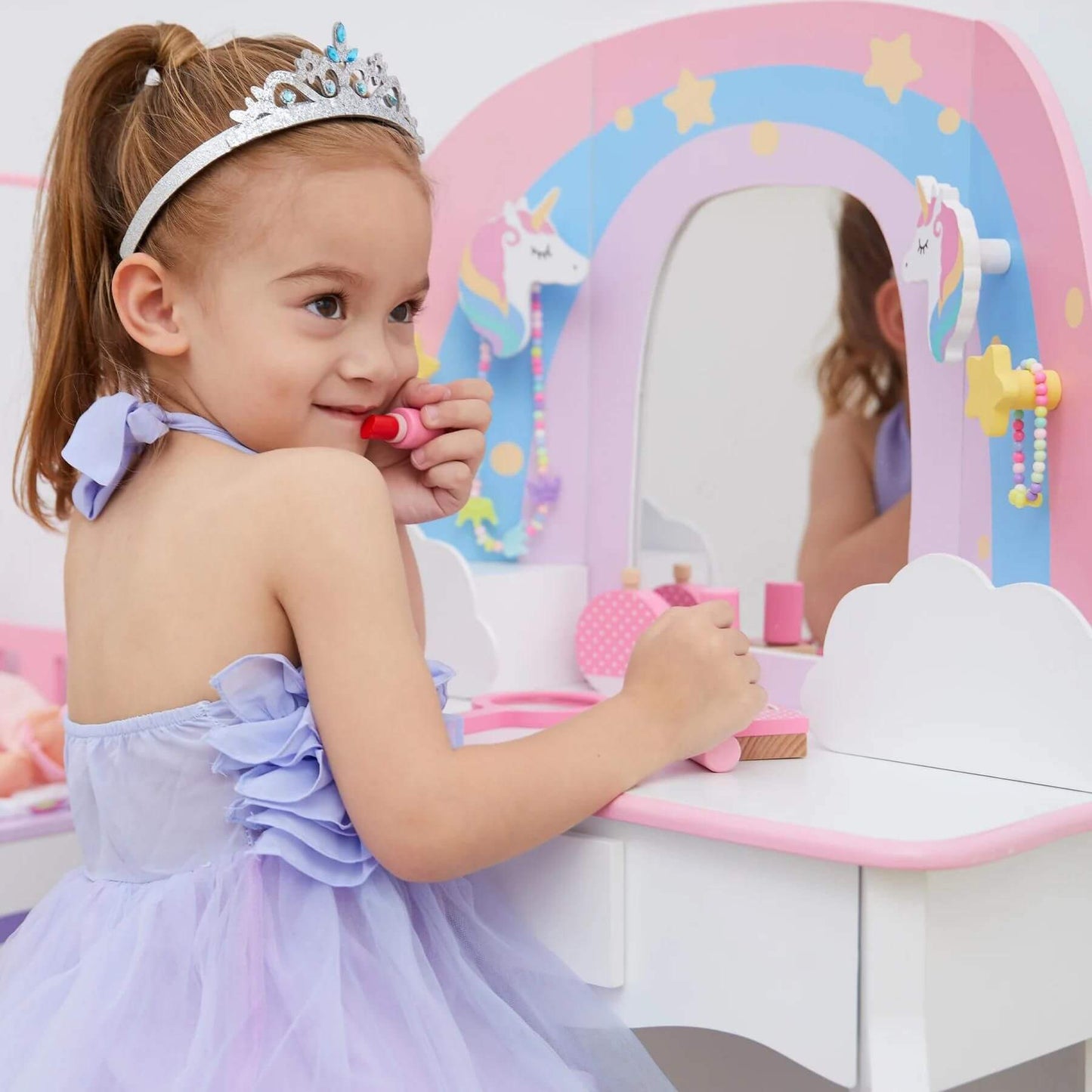 Girl Using Fantasy Fields Little Dreamer Rainbow Unicorn Vanity Table Set