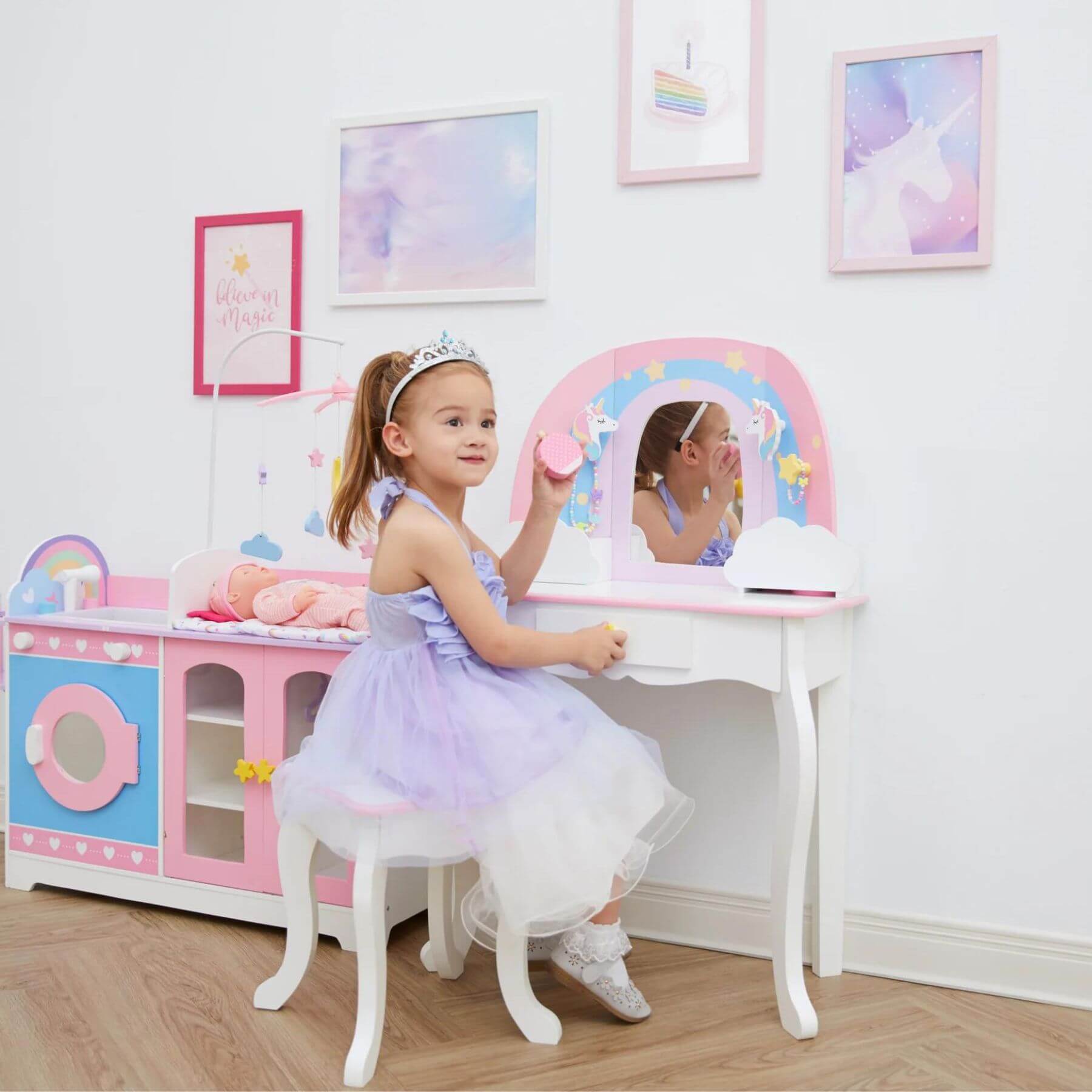 Girl Using Fantasy Fields Little Dreamer Rainbow Unicorn Vanity Table Set