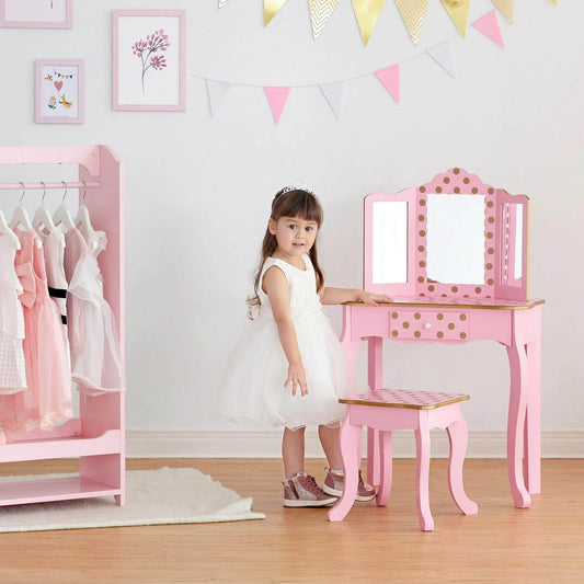 Girl Playing at Fantasy Fields Polka Dot Prints Gisele Vanity Playset Pink/Gold