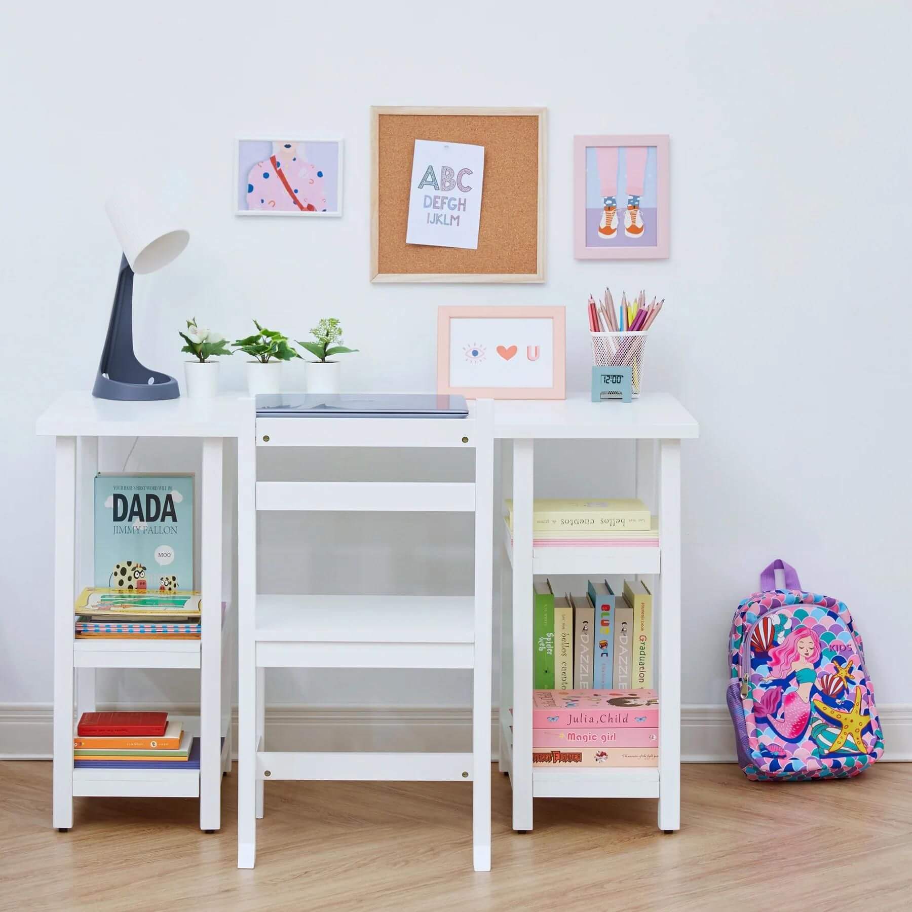 Fantasy Fields Wooden Play Desk with Shelves and Chair White