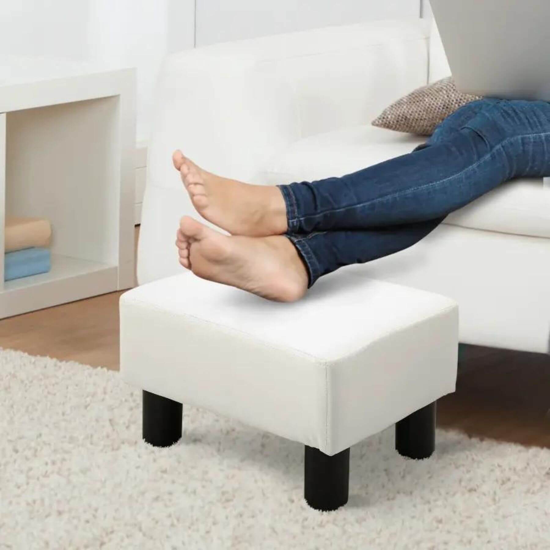 HOMCOM Modern Faux Leather Upholstered Rectangular Ottoman Footrest Bright White