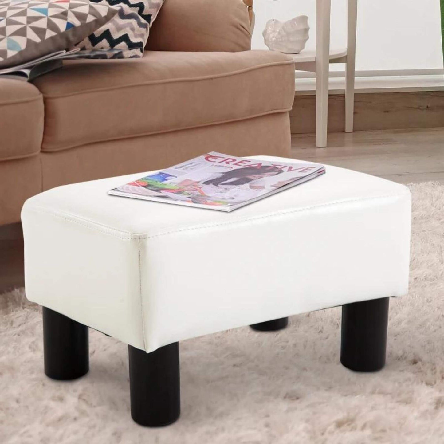 HOMCOM Modern Faux Leather Upholstered Rectangular Ottoman Footrest Bright White