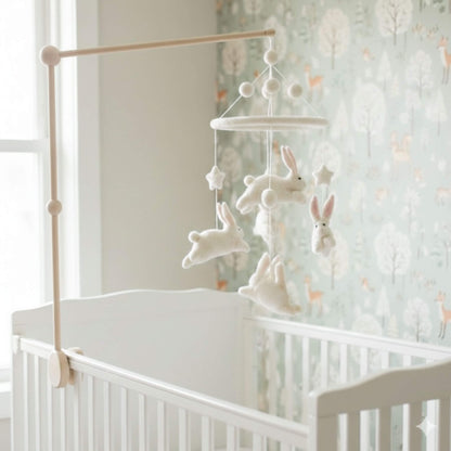 Baby crib with Ganapati Crafts Co. Felt Baby Mobile - Bunnies in a nursery setting.