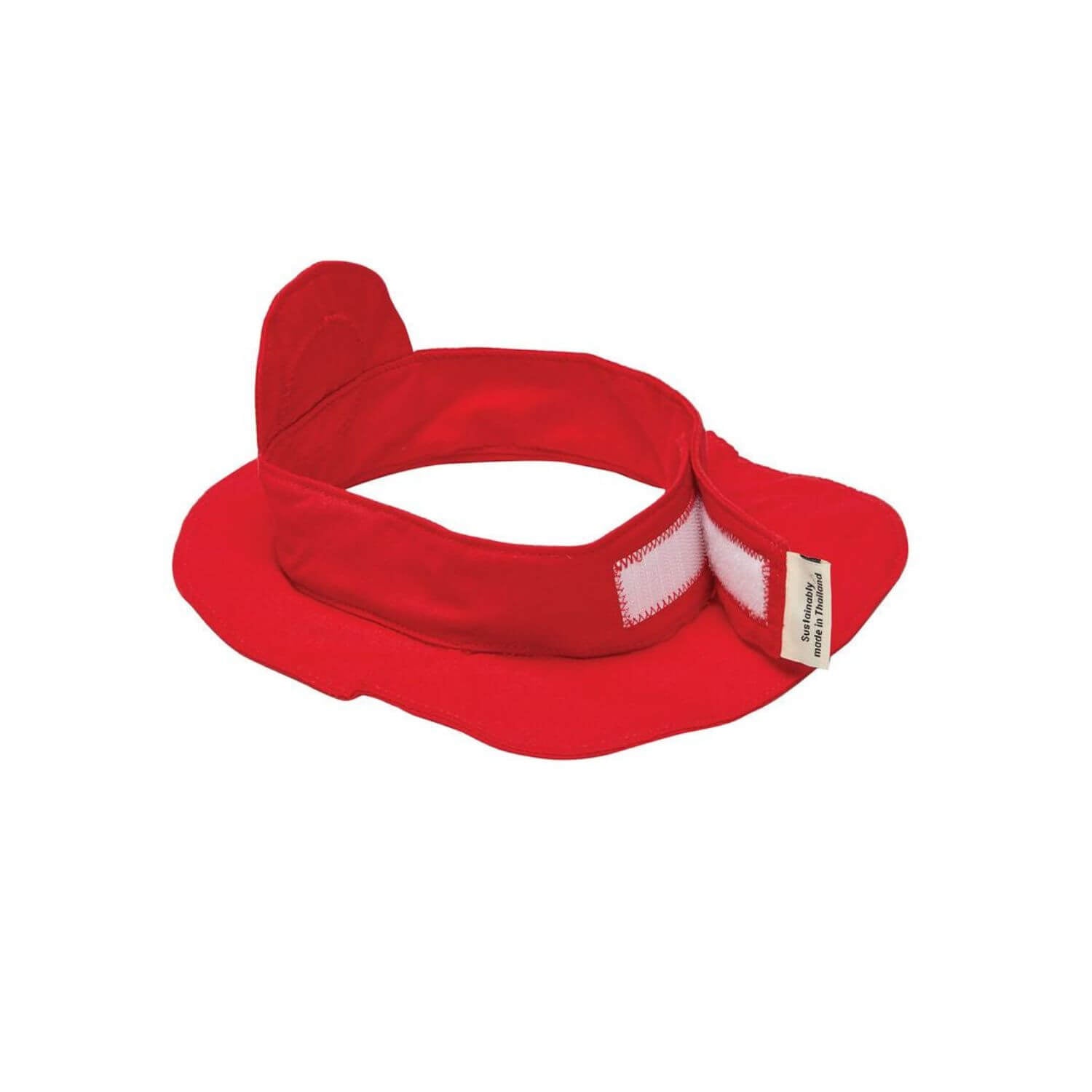 Red visor with a white label on a white background