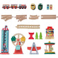 Collection of wooden toy train tracks, cars, and accessories on a white background