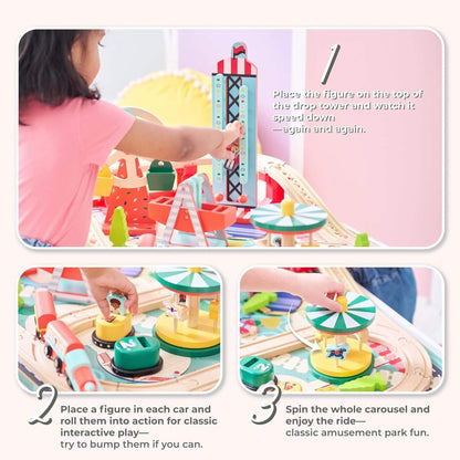 Child playing with Teamson Kids Florida Amusement Park Wooden Activity Table with text instructions.