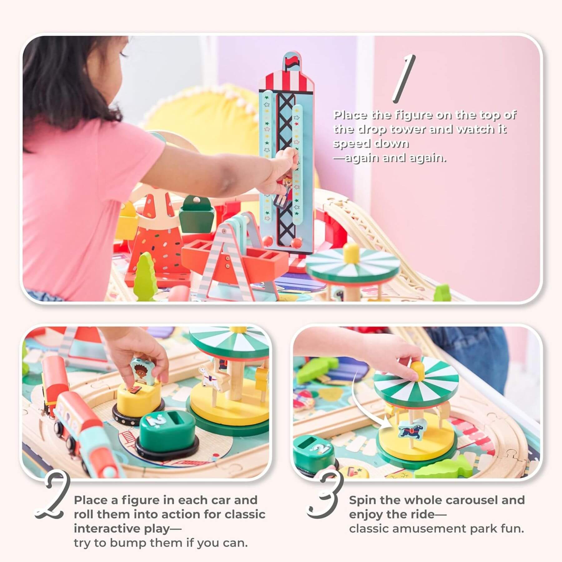 Child playing with Teamson Kids Florida Amusement Park Wooden Activity Table with text instructions.