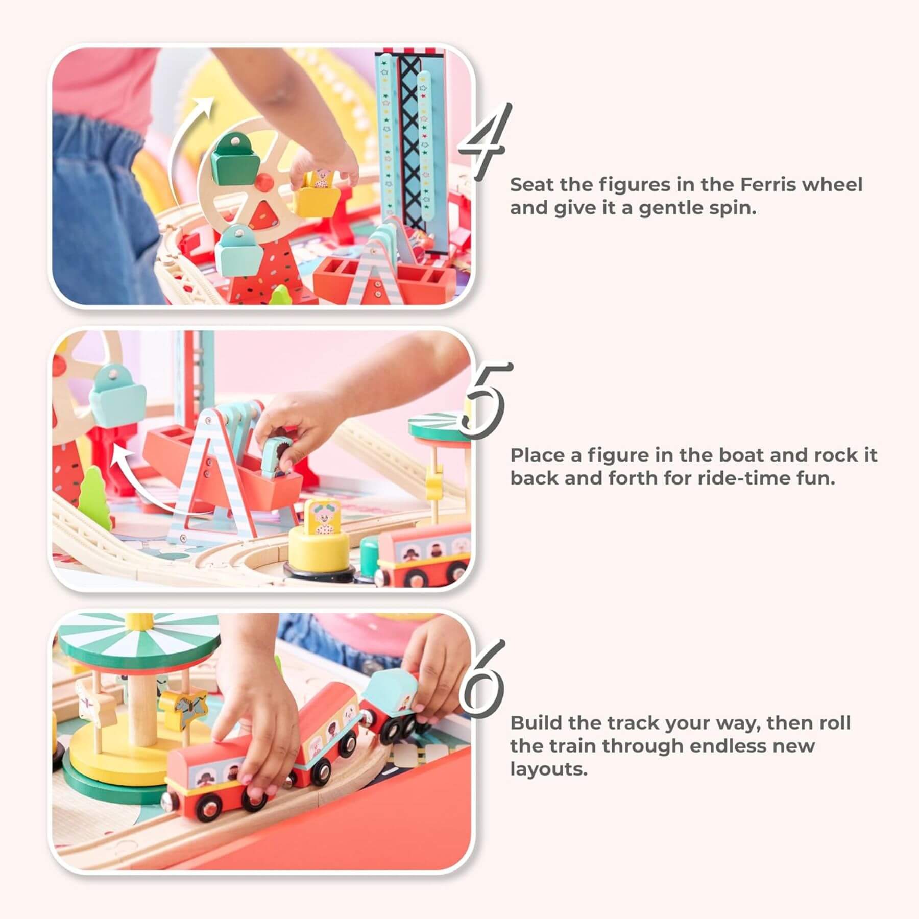 Children playing with a toy train set, including a Ferris wheel and boat, with text instructions on how to use it.