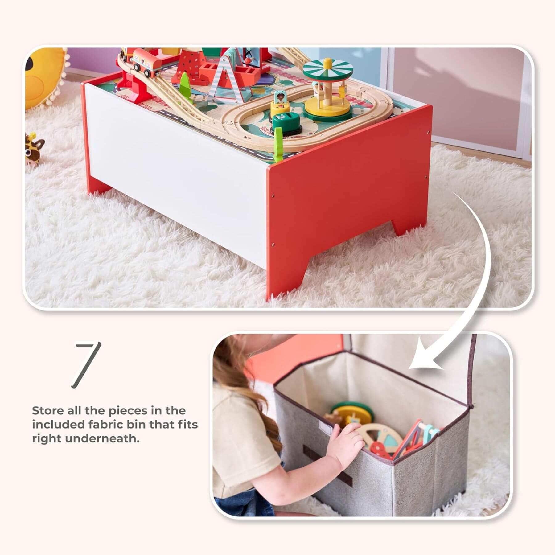 Children's toy table with Teamson Kids Florida Amusement Park Wooden Activity Table and storage bin on a carpeted floor.