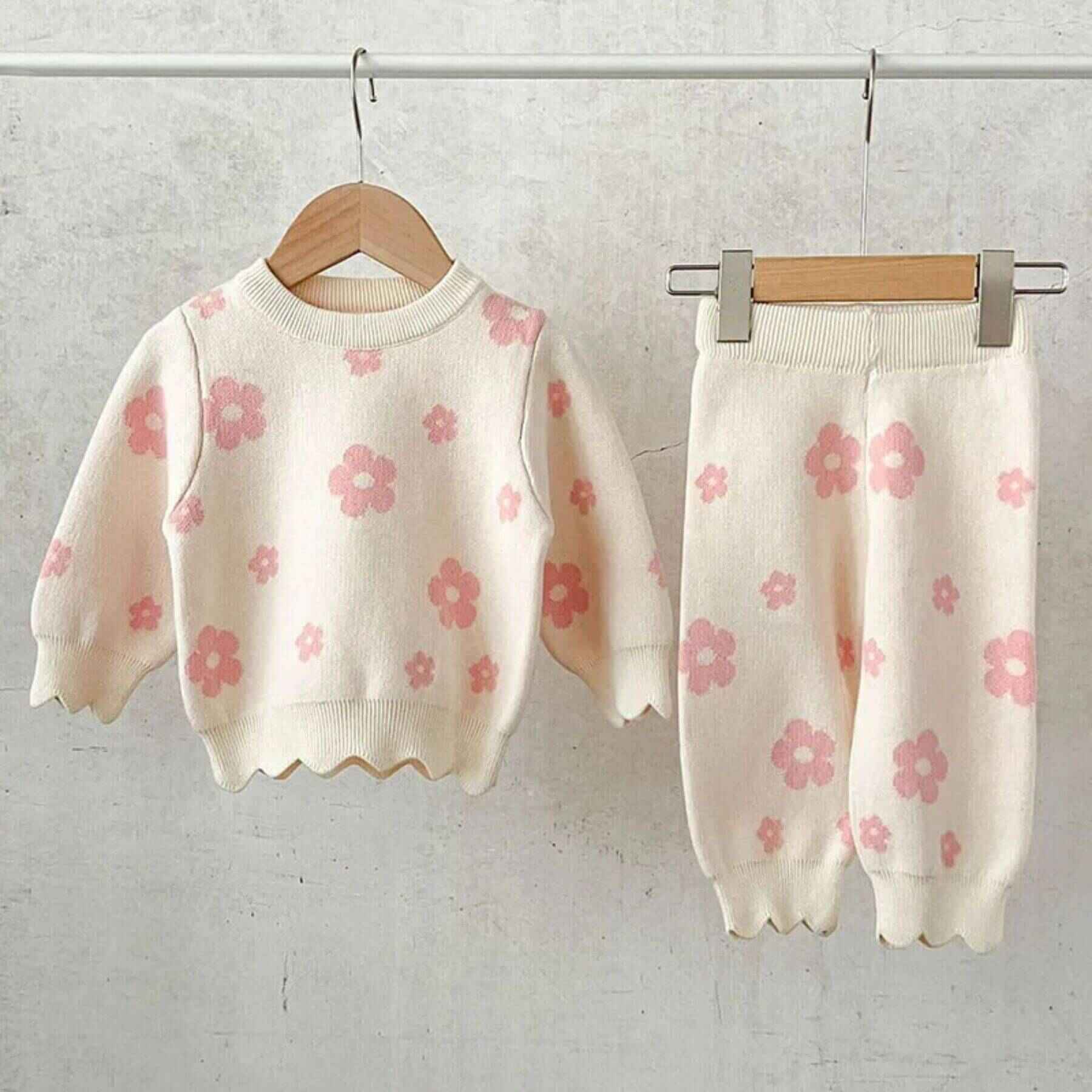 Flower Power Knitted Set with pink floral pattern on a white background
