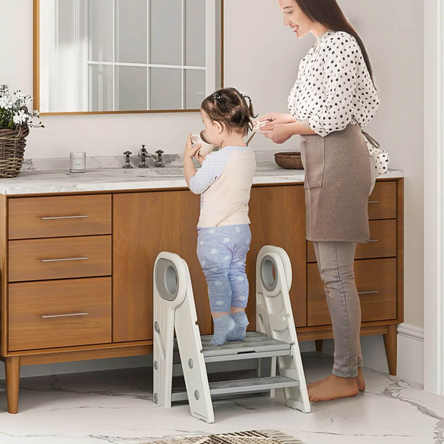 Girl Standing on Qaba Foldable & Adjustable Kitchen Stool Helper