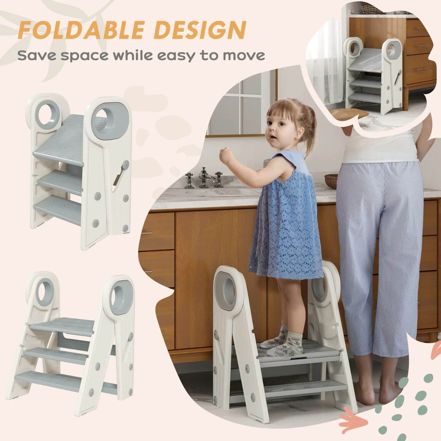 Girl Standing on Qaba Foldable & Adjustable Kitchen Stool Helper Gray