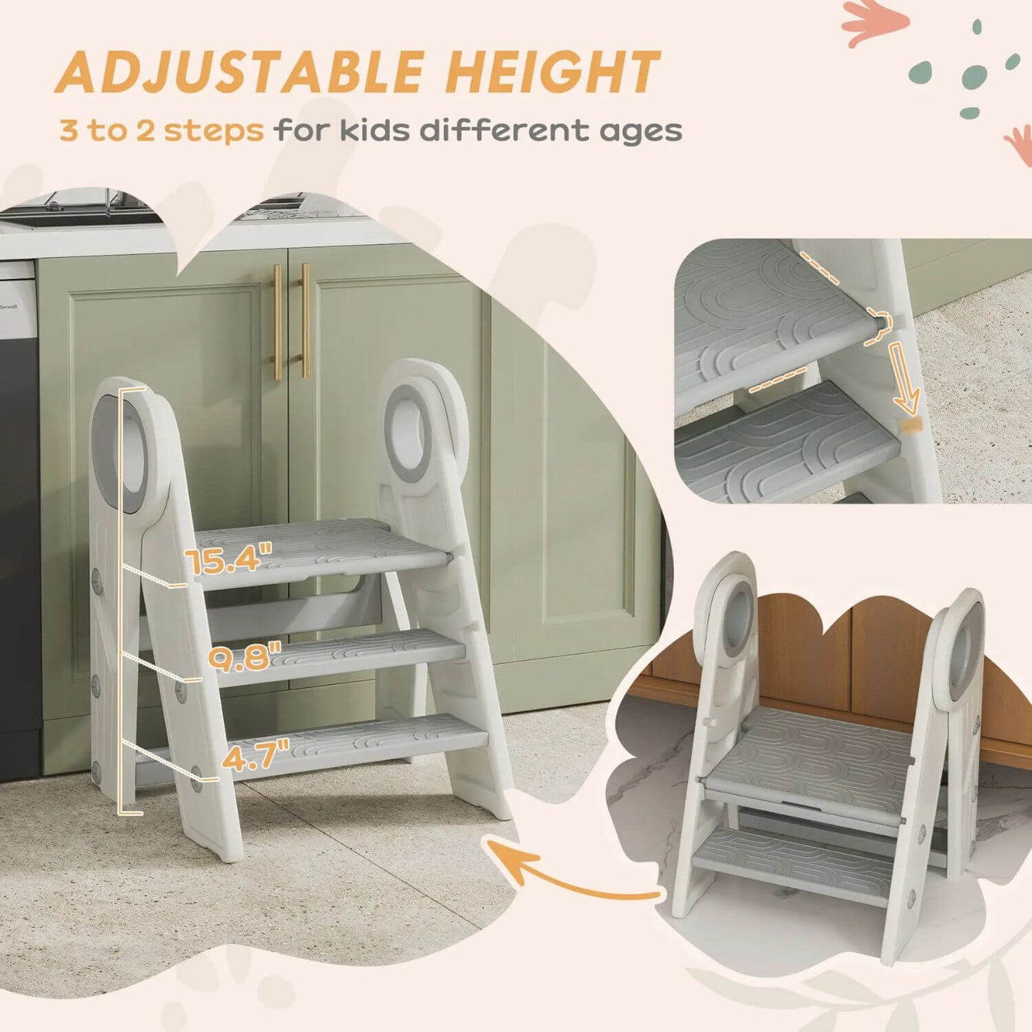 Qaba Foldable & Adjustable Kitchen Stool Helper Gray