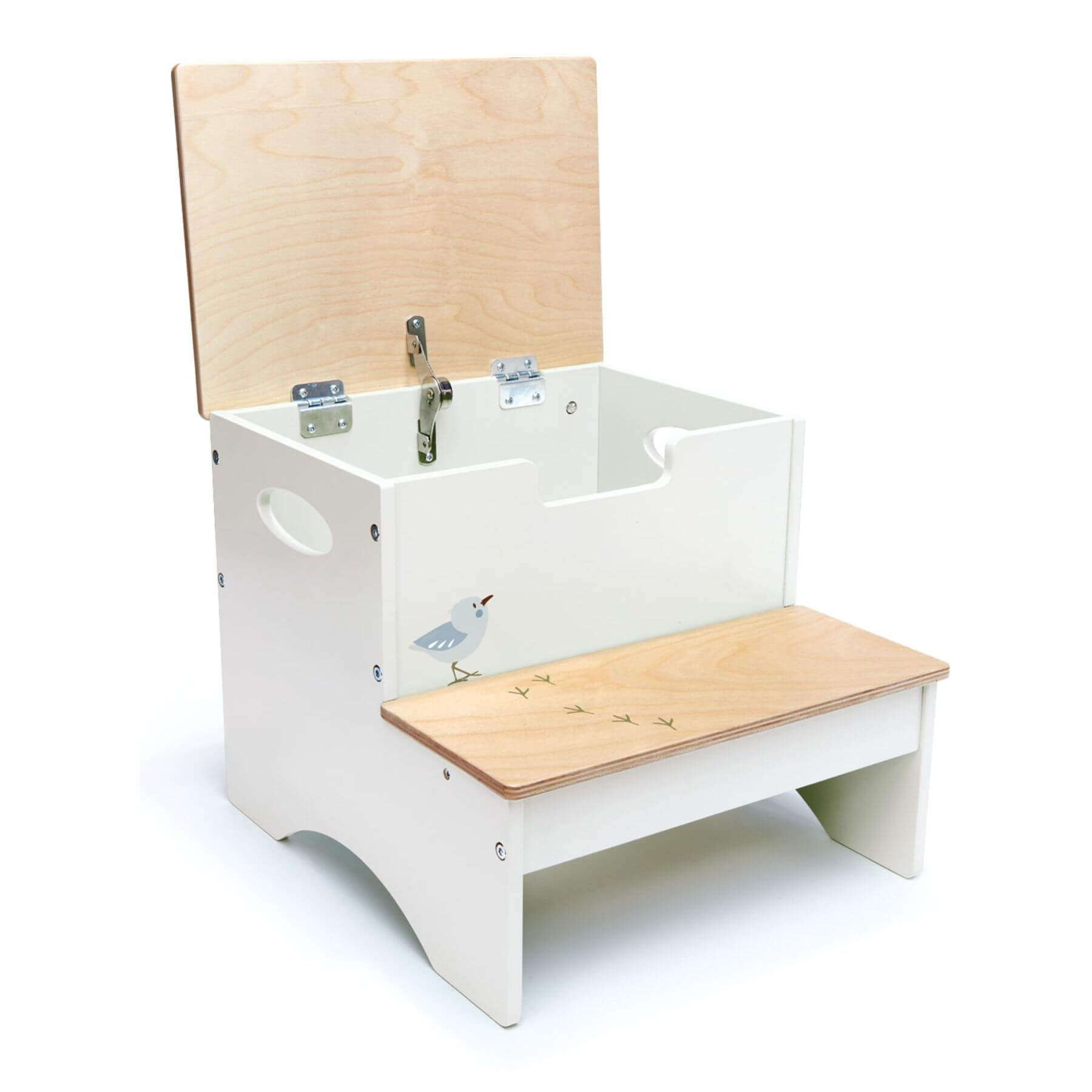 White step stool with a wooden top and lid on a white background