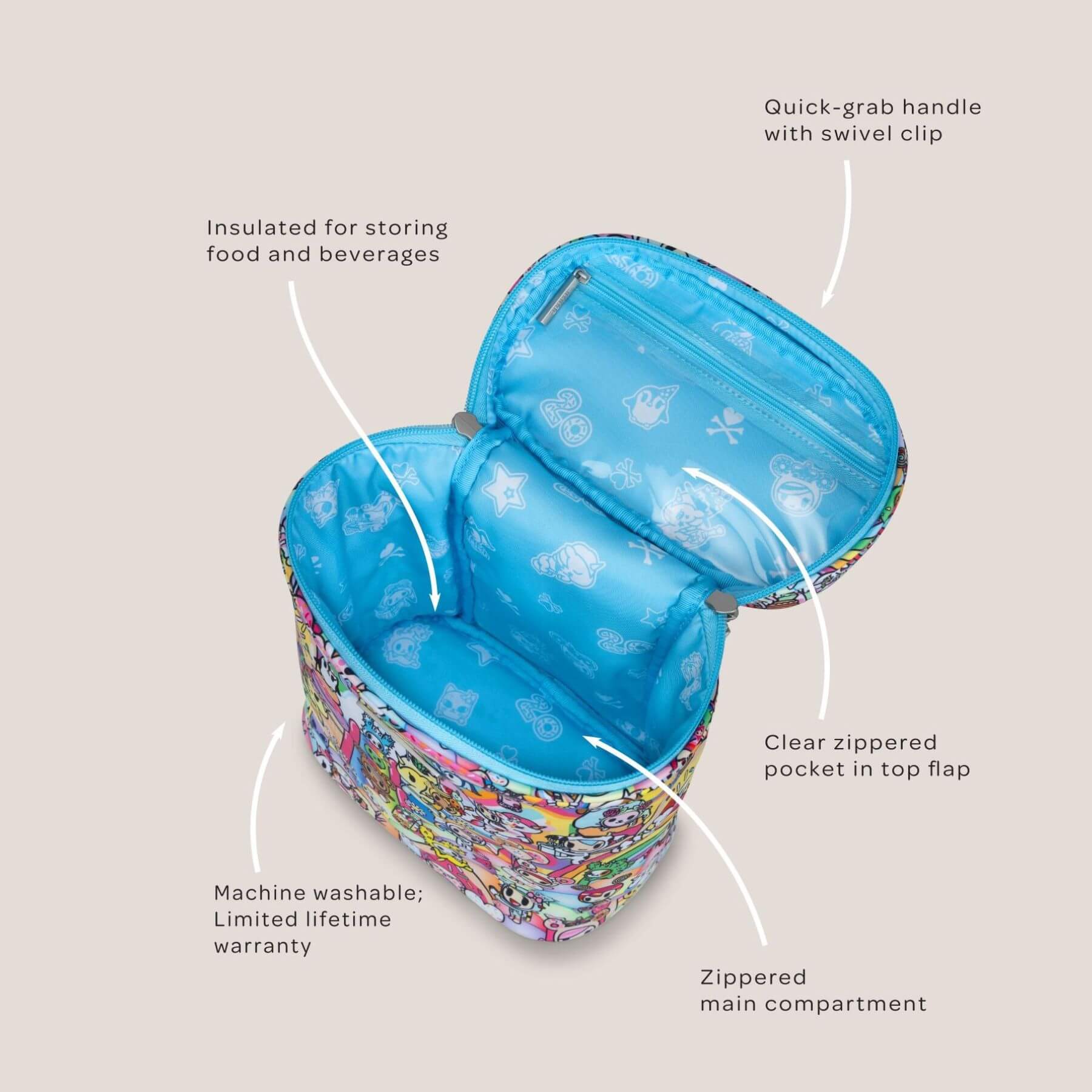 tokidoki Fuel Cell Insulated Bottle Bag - 20th Anniversary Celebration with features highlighted on a light gray background