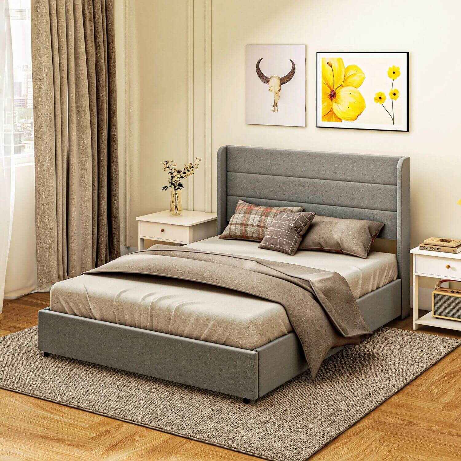 HOMCOM Full Bed Frame with Storage Drawers Light Gray