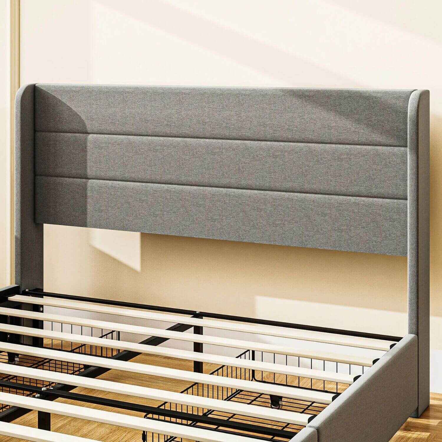 Detail of HOMCOM Full Bed Frame with Storage Drawers Light Gray