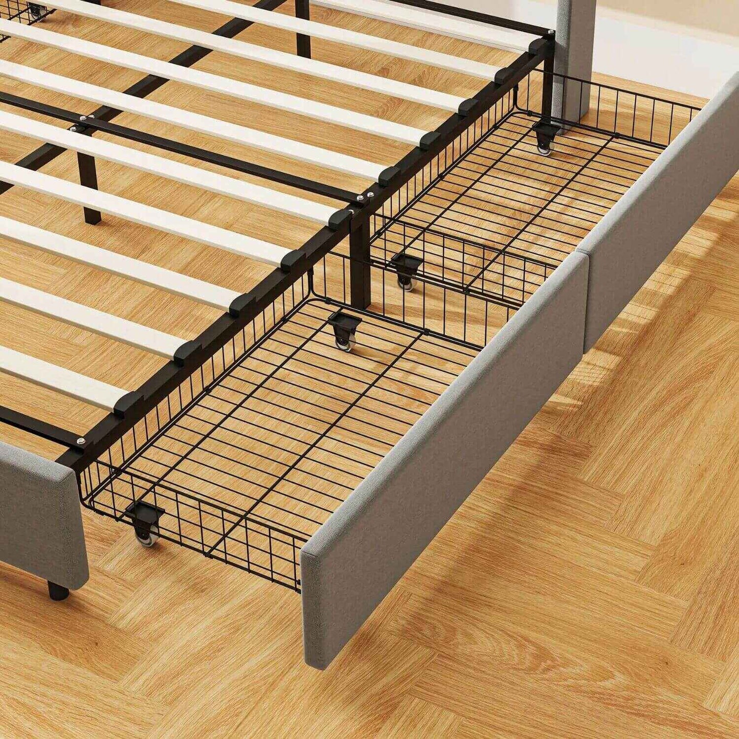 Detail of HOMCOM Full Bed Frame with Storage Drawers Light Gray