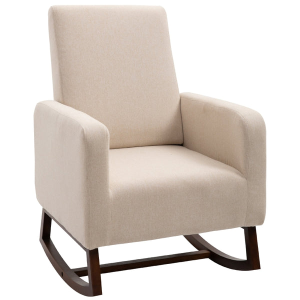HOMCOM Accent Lounge Rocking Chair with Solid Curved Wood Base and Linen Padded Seat, Nursery Rocking Chair, Cream White