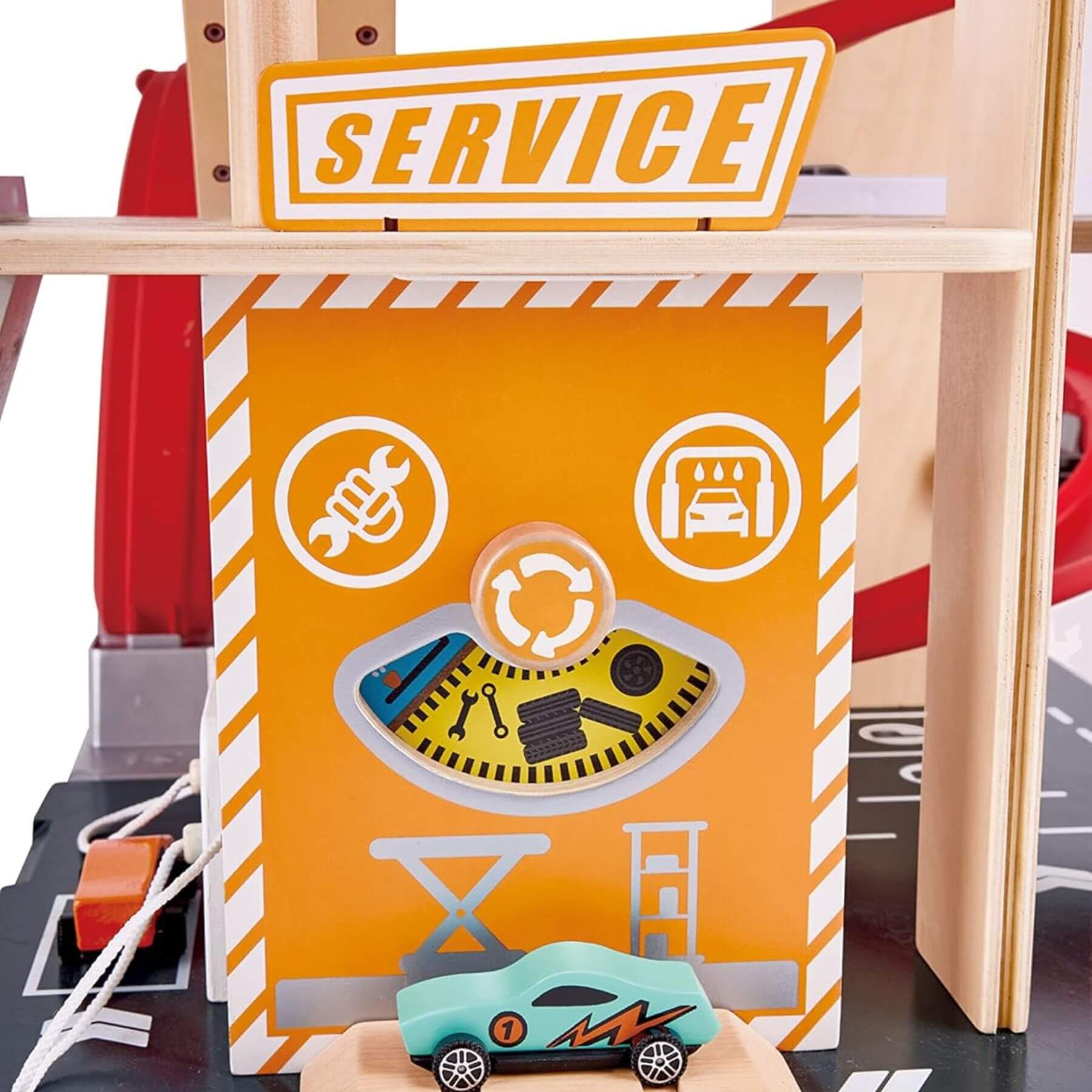 Close-up of Hape Gearhead Stunt Garage