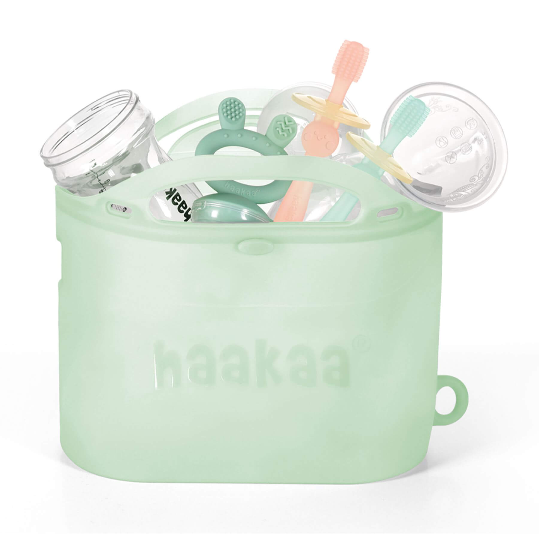 Light green container with a straw and lid on a white background