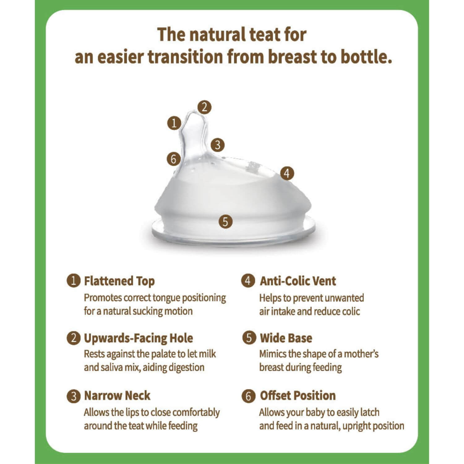 An informational graphic for a baby teat bottle, showing a clear silicone teat with numbered callouts (1-6) and text describing its feeding benefits on a white background with a green border.