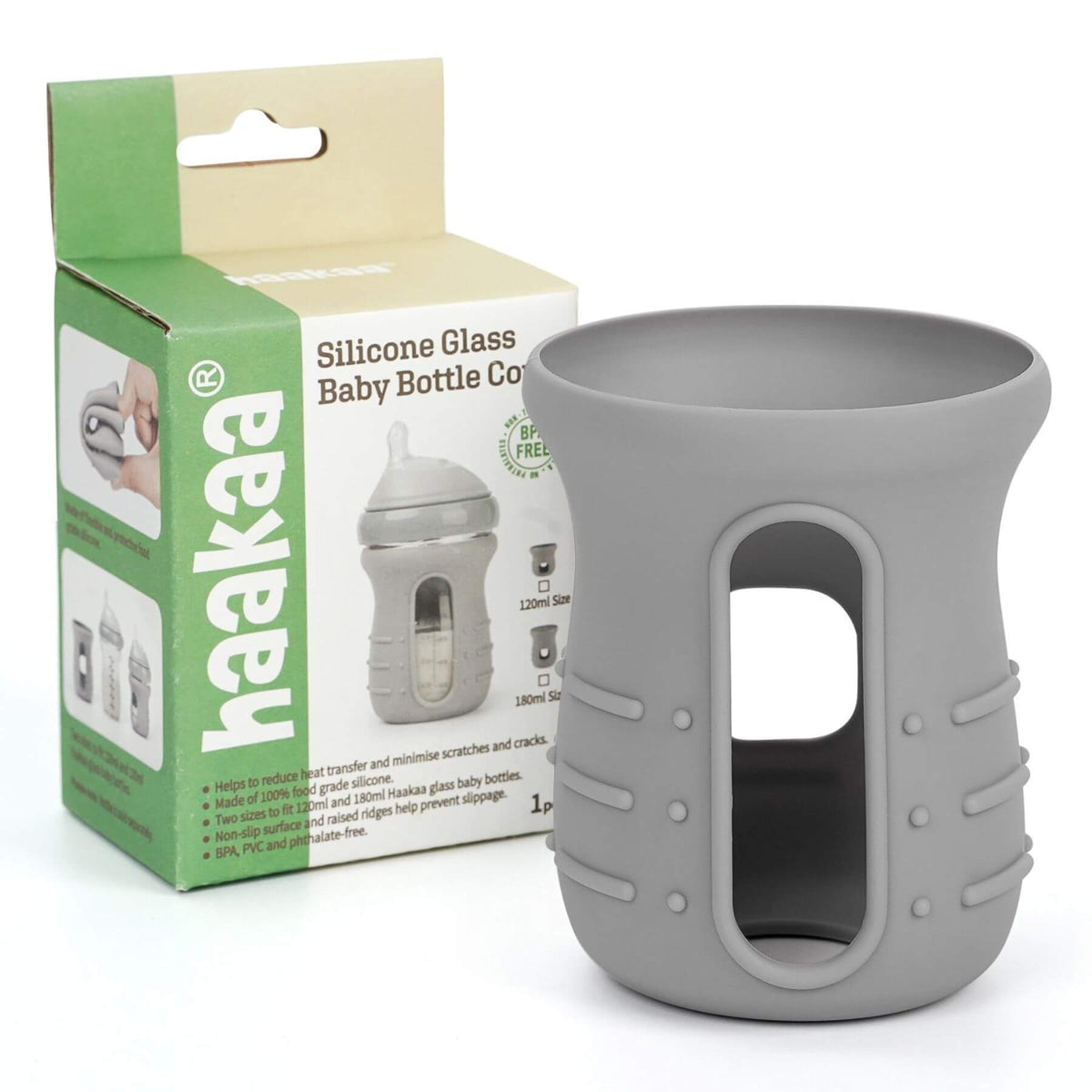 Haakaa Generation 3 Silicone Glass Bottle Cover 1 PK and beige retail box on a white background.