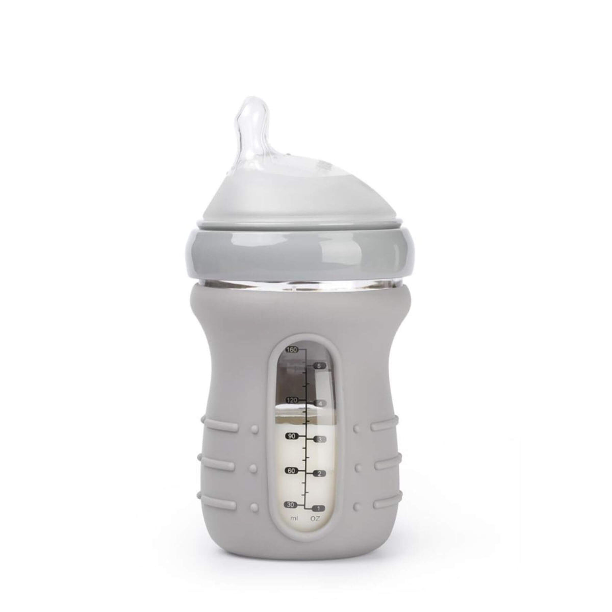 A baby bottle with a light gray silicone cover