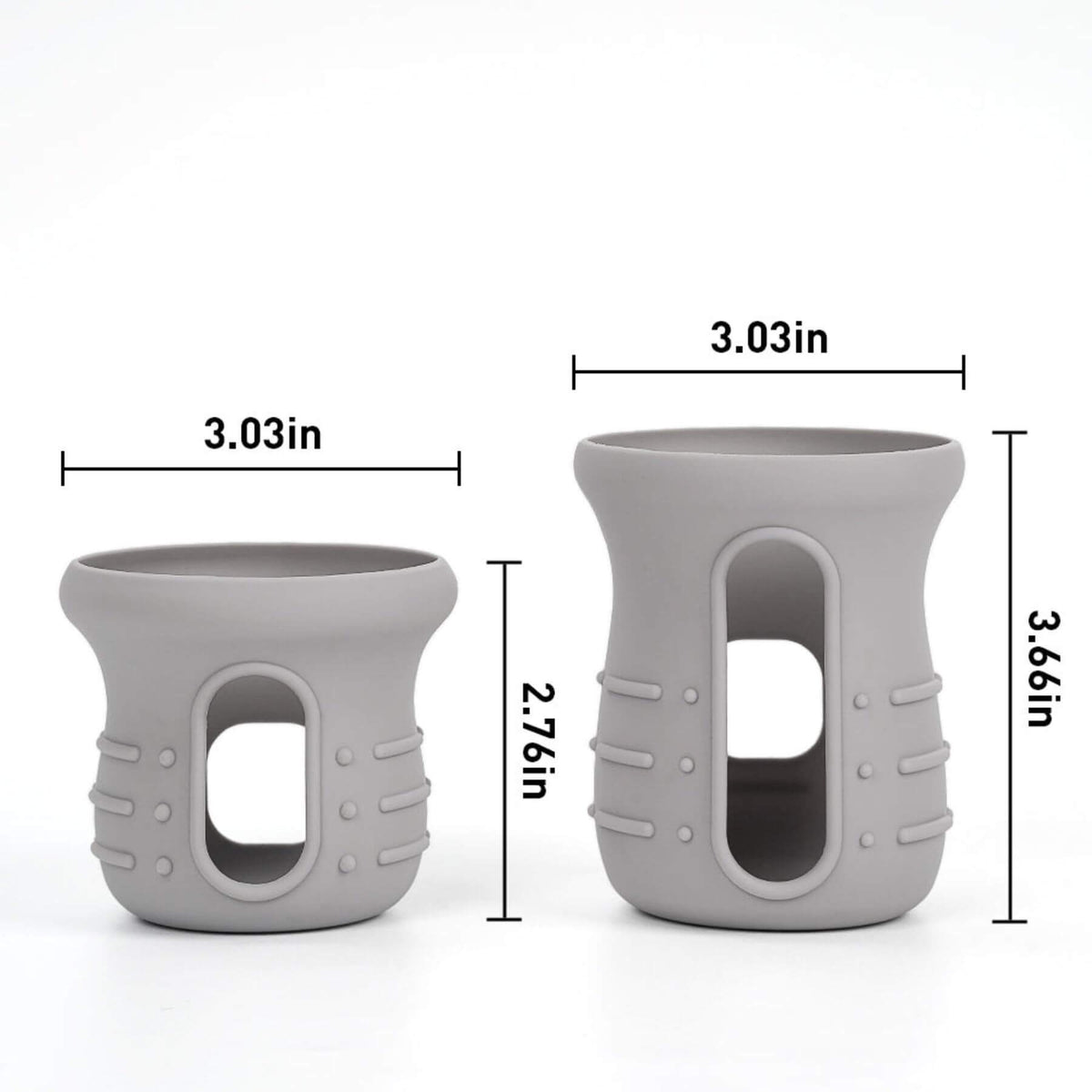 Two gray silicone covers with measurements on a white background