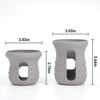 Two gray silicone covers with measurements on a white background