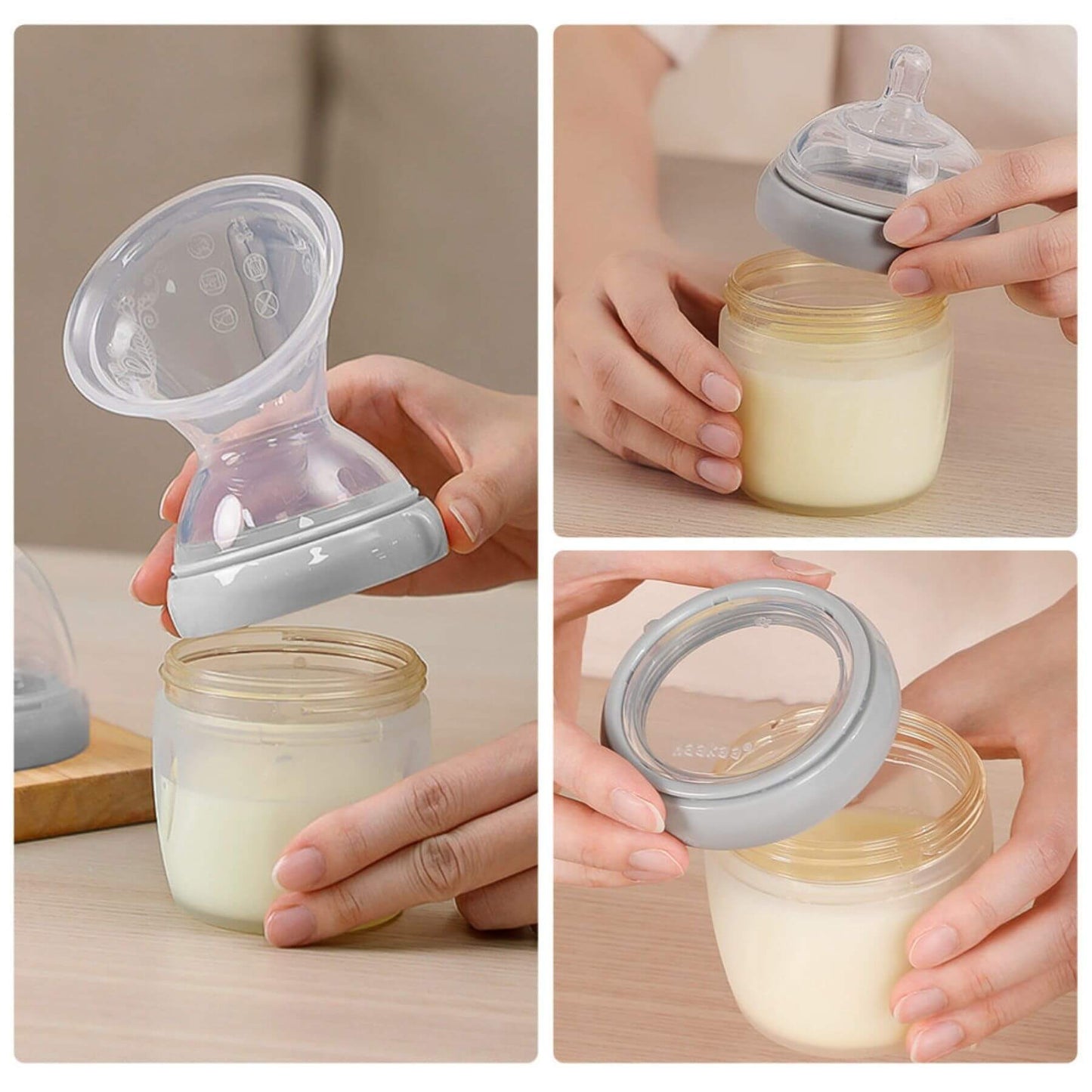 Collage of a breast pump being used to fill a jar with milk.