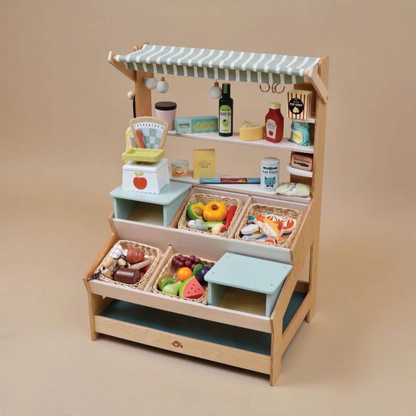 Tender Leaf General Stores, featuring various toy food items on a beige background.